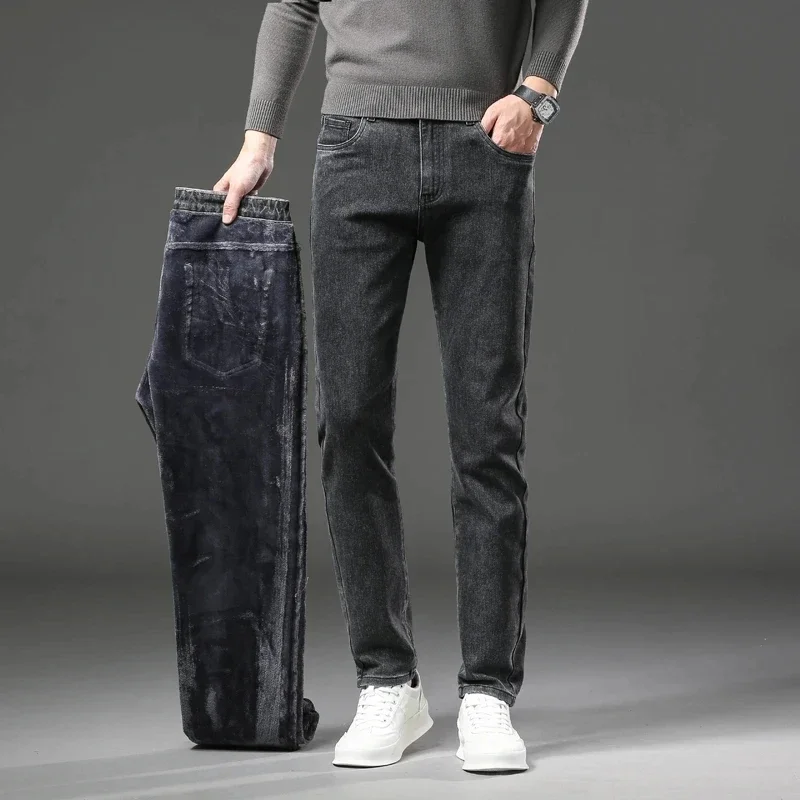 Men Winter Fleece Warm Jeans Brand 2024 Fashion Business Pants Retro Classic Denim Trousers Casual Stretch Slim Jeans Men