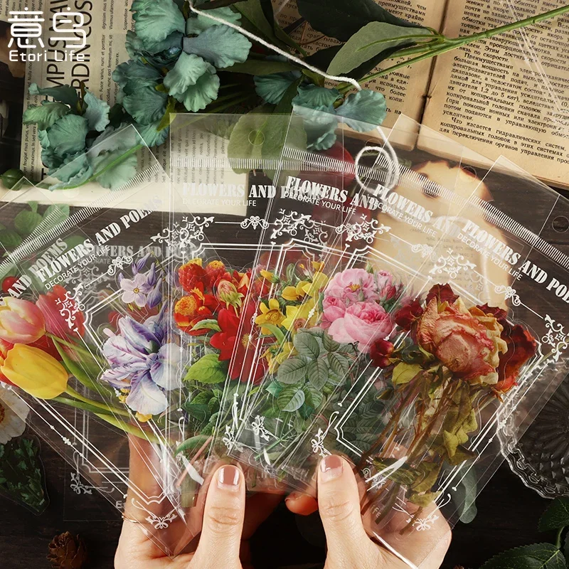 

6Pcs PET sticker bag flower Violetpoem Retro Plant hand account material decorative Rose Violet False Spring Breeze