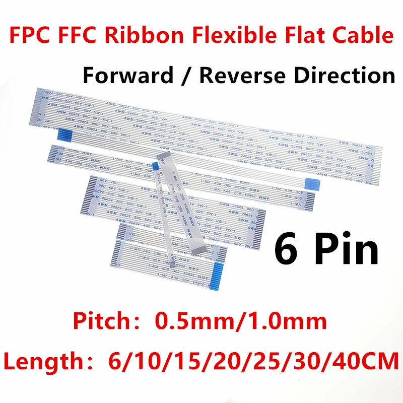 10PC FPC FFC 리본 유연한 플랫 케이블 6Pin 피치 0.5 1.0MM AWM 20624 80C 60V 와이어 길이 6 ...