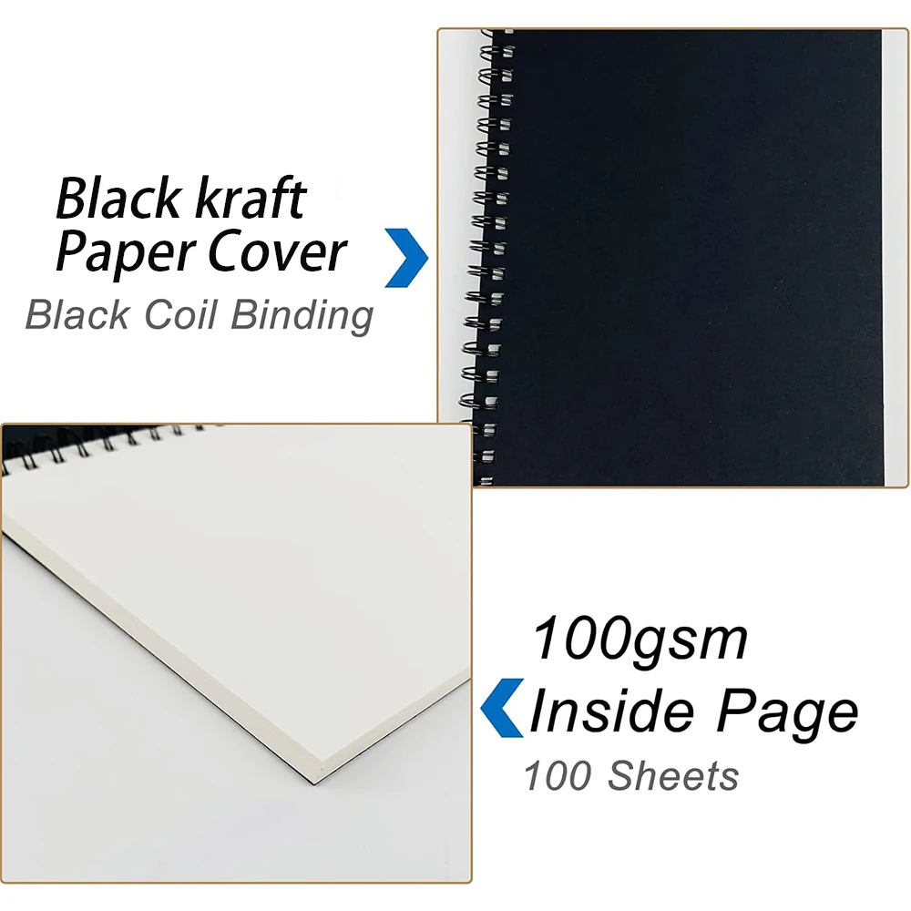 Blank Spiral Notebook, 1-Pack, Soft Cover, Sketch book, 100 Sheets, 8.26 inch x 5.7 inch (Black) 3