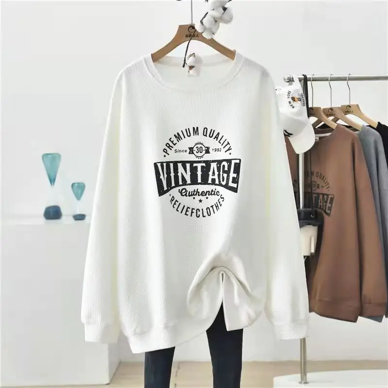 Spring Autumn Vintage Printing Letter Hoodies Long Sleeve O-Neck Loose All-match Solid Pullovers Casual Fashion Women Clothing