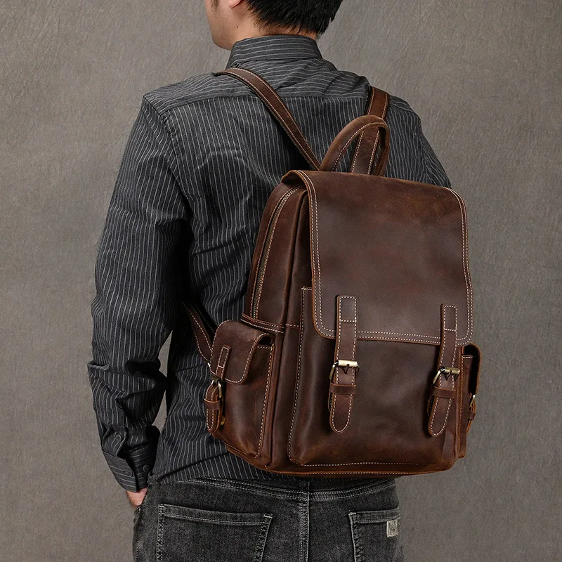 Genuine Leather Double-shoulder Backpack for Men-Vintage, Real Leather, Large capacity Cowhide Travel Bag for Outings