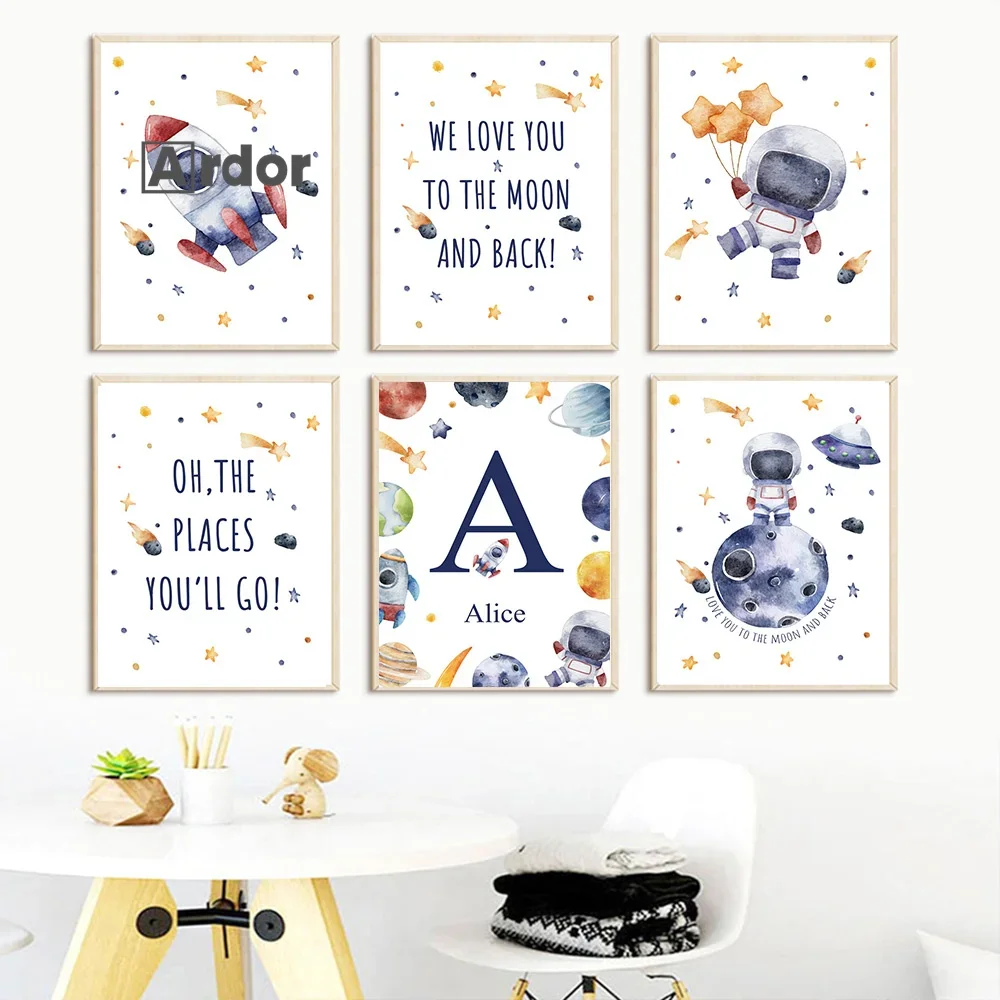 

Astronaut Rocket Solar System Custom Name Space Wall Art Canvas Painting Poster Nursery Print Wall Pictures Kids Boys Room Decor