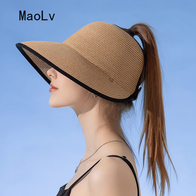 

New Women Roll Up Sun Visor Wide Brim Straw Hat Summer Hollow Out Dreathable UV Protection Cap for Beach Travel Bonnet Wholesale