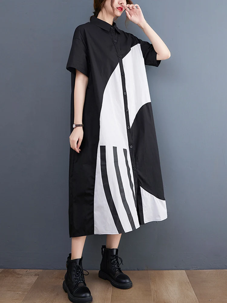 Cotton Black Vintage Print Women Shirt Dress New Loose Casual Lapel Short Sleeve Long Summer Dress Fashion Elegant Clothes 2025