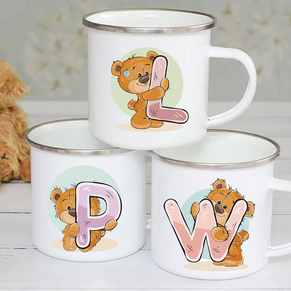 

Cartoon Bear Alphabet Print Enamel Mugs Kids Breakfast Dessert Milk Oat Cups Camping Picnic Beer Drink Water Mug Birthday Gifts