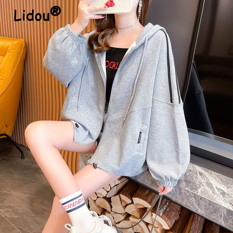 Cotton Spring Autumn Korean Zipper Sweatshirts Jackets for Women Casual Student Hoodie Striped Loose Long Sleeve Hooded Cardigan