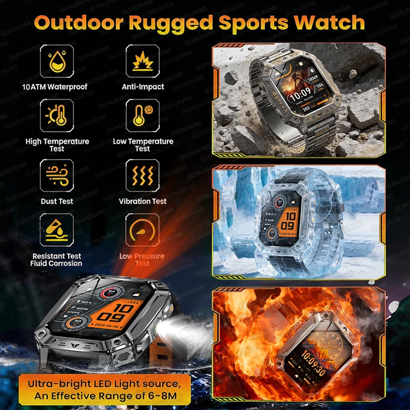 2026 New Built-in 1400mAh Super Large Battery Men Smart Watch Outdoor GPS 2.01"AMOLED Screen 10ATM Waterproof BT Call Smartwatch 6