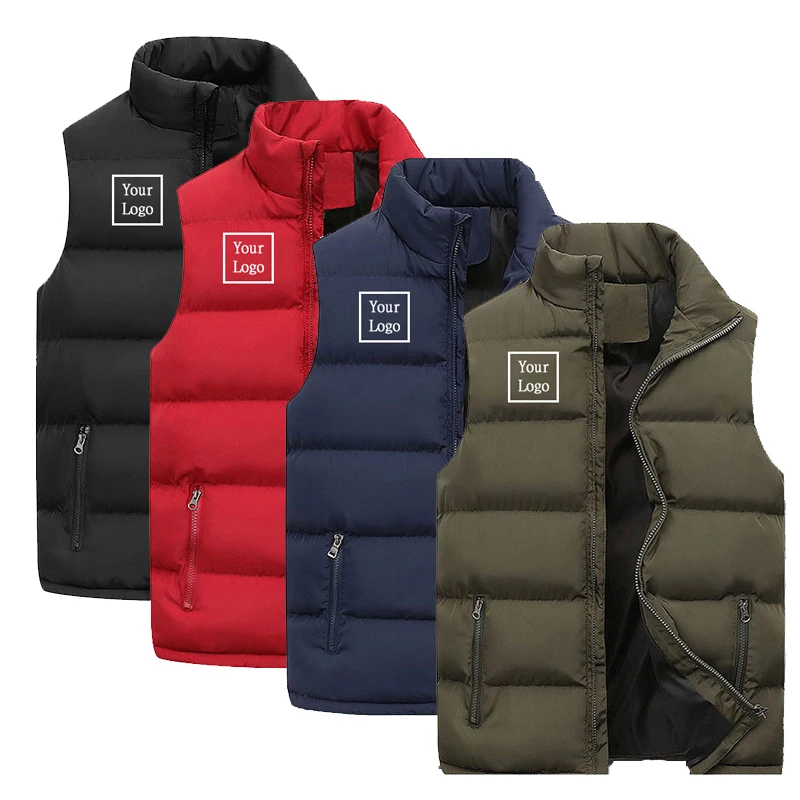 Custom Logo Winter Men Vest Cotton Casual Sleeveless Stand Thick Clothes Solid Color Vest Jacket Male