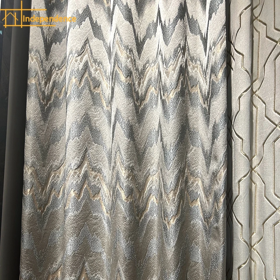 

Custom Embossed Jacquard Beige Champagne Landscape Lines Thickened Curtains for Living Room Bedroom French Window Balcony