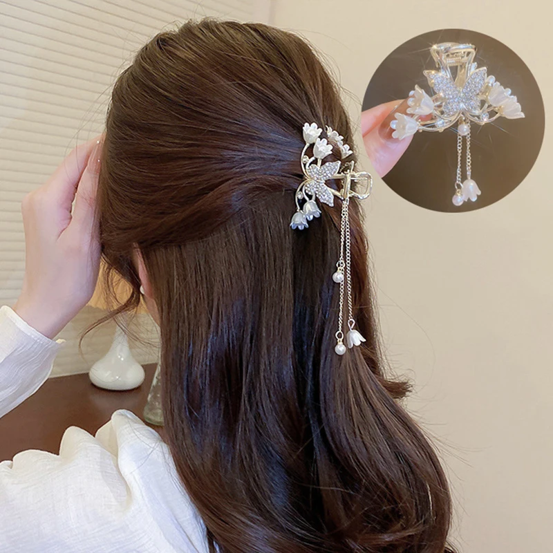 

Elegant Pearl Butterfly Orchid Tassel Hair Claw Clip Half-tie Hair Clip Fairy Claw Hair Crab Fashion Hair Accessories