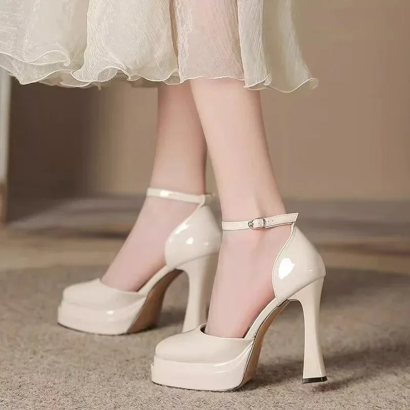 Women's Sexy Super High Heels Pointed Tip Thick Heel Ankle Strap Platform Heels Side Cutout Wedding Banquet Sandalias De Mujer 2