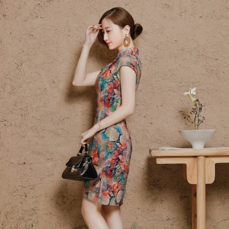 2023 New Summer Elegant Floral Print Plus-size Low Slit Short Cheongsam Qipao Dress Women Bride Party Chinese Traditional Dress