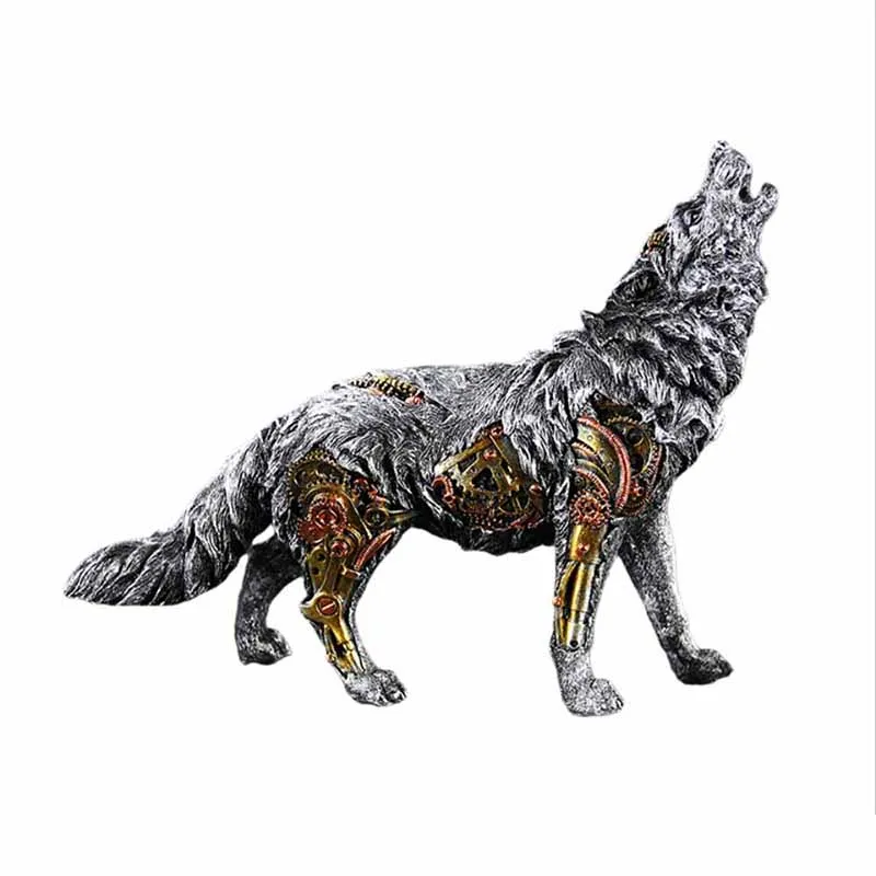 

Creative Resin Figurines Miniature Simulation Animal Wolf Statue Toy Desktop Ornament Mechanical Style Crafts Home Decors