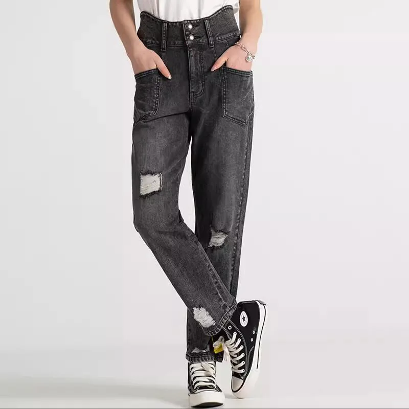 

Женские рваные джинсы, новые летние тонкие брюки до щиколотки с высокой талией, облегающие повседневные Прямые брюки в стиле ретро, 2024