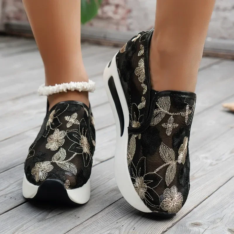 Women Sneakers Summer Breathable Lace Mesh Flower Embroidery Round Head Thick Sole Comfortable Casual Sneaker Shoes Zapatillas