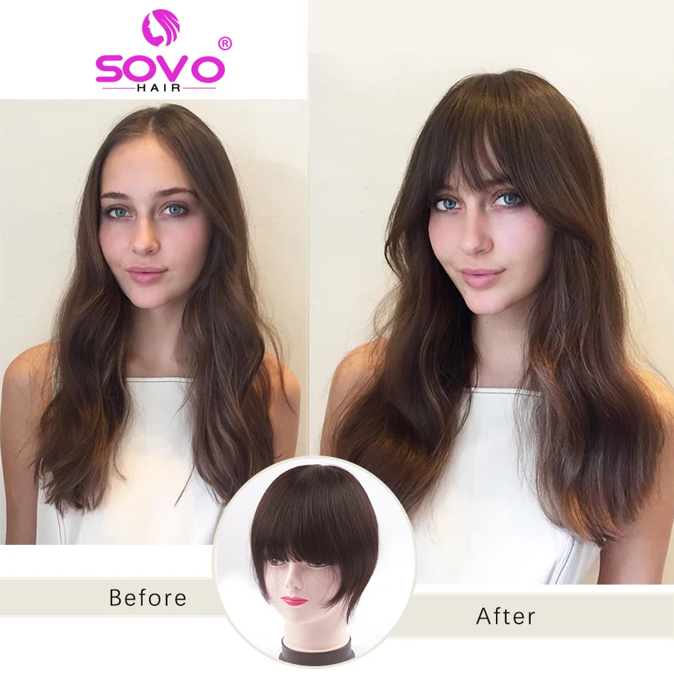 Human Hair Bangs Clip In Blunt Cut Fringe OverHead Wispy Air Bang 2 Clips Hair Topper Extensions 8.5x7.5cm human hair bangs