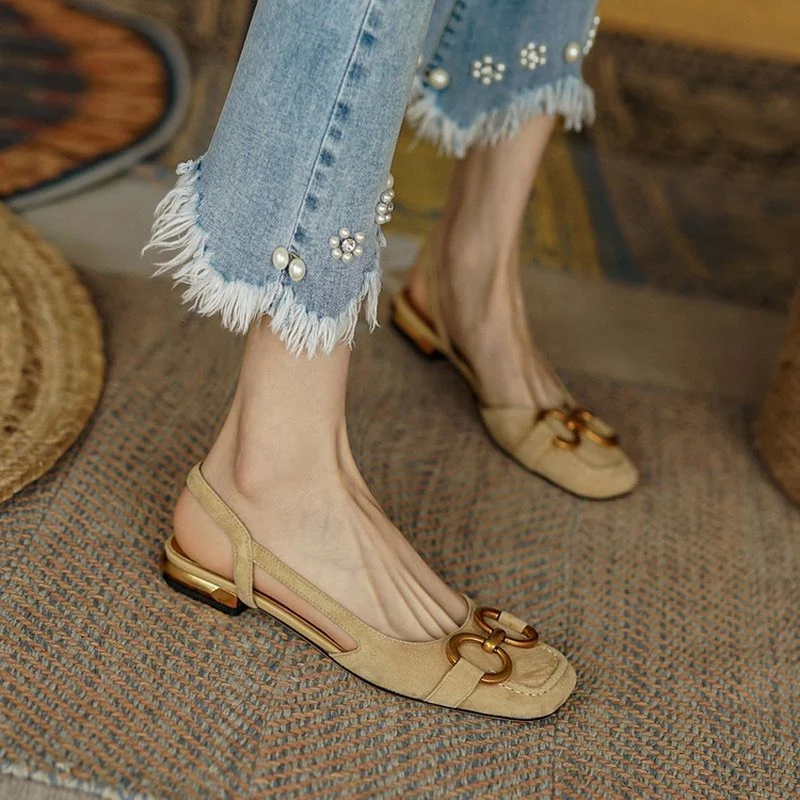 Retro Low-heeled Baotou Sandals Women Flats Slingback Suede Office Sandal Slip on women sandals women flats