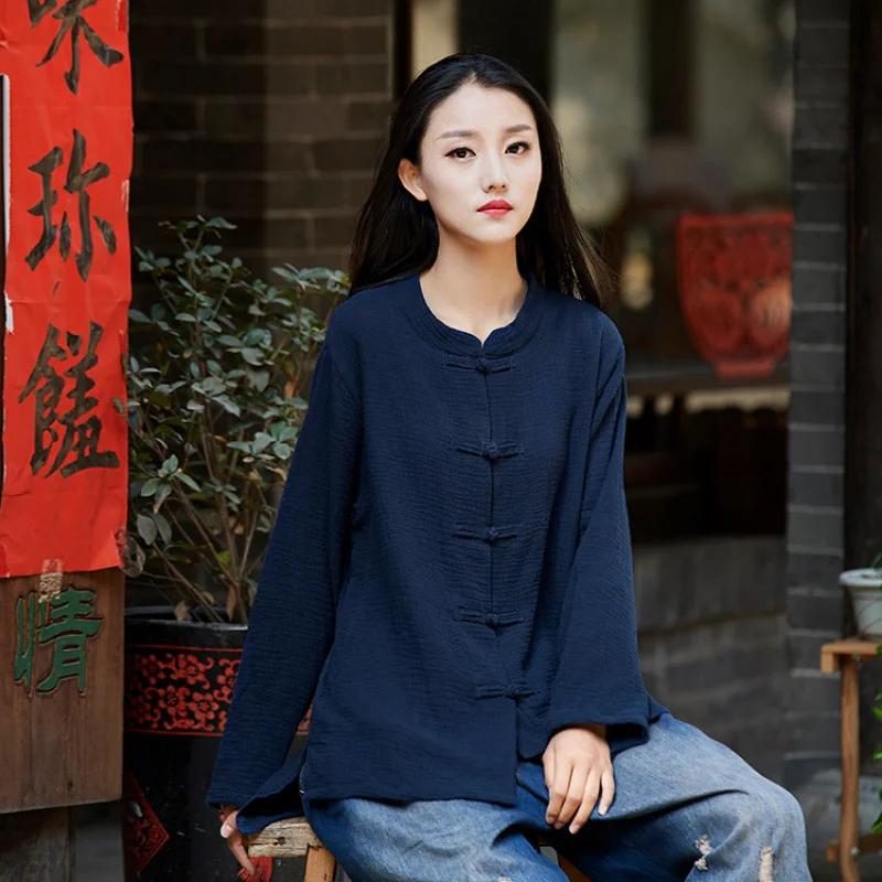 Spring Summer Cotton Linen Retro Zen Stand Collar Buckle Chinese Style Tops Vintage Cardigan Shirt Jacket Hanfu for Women