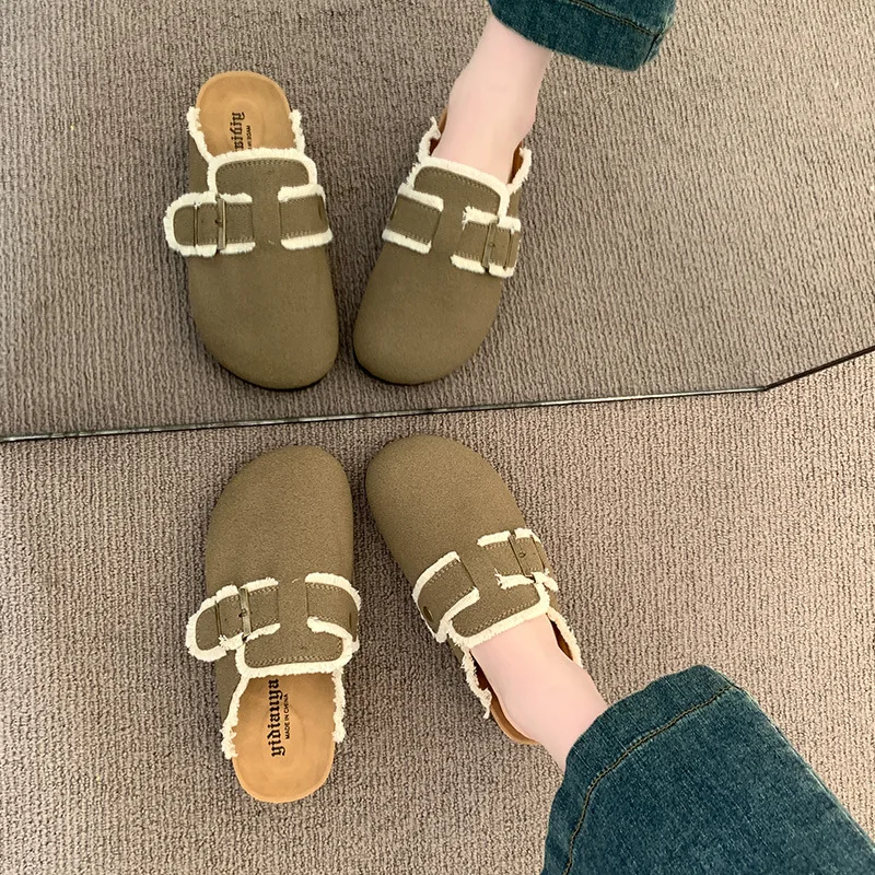 2025 Women's Baotou Slippers Spring New Fashion Round Head Suede Rivets Metal Buckle Anti-slip Wear-resistant Flat Shoes