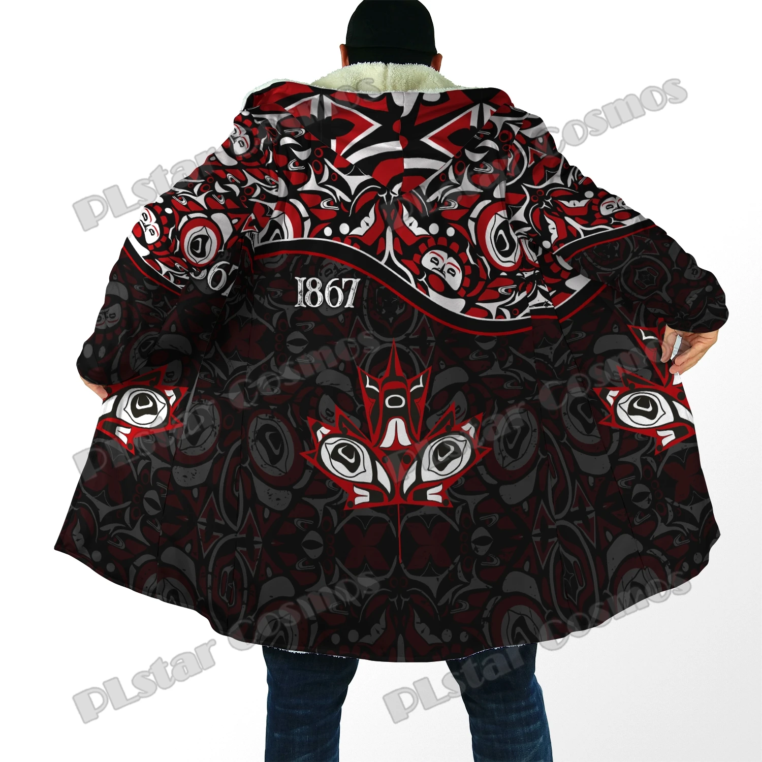 Canada Day Haida Maple Leaf Style 3D-Allover-bedruckter Herren-Fleece-Kapuzenumhang, Unisex, lässig, dick, warm, Cape-Mantel PF98 – Detail 9