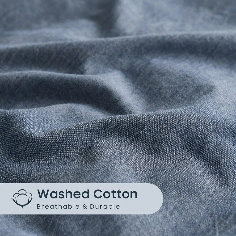 Queen Size Chambray Denim Blue Cotton Duvet Cover Set - 6