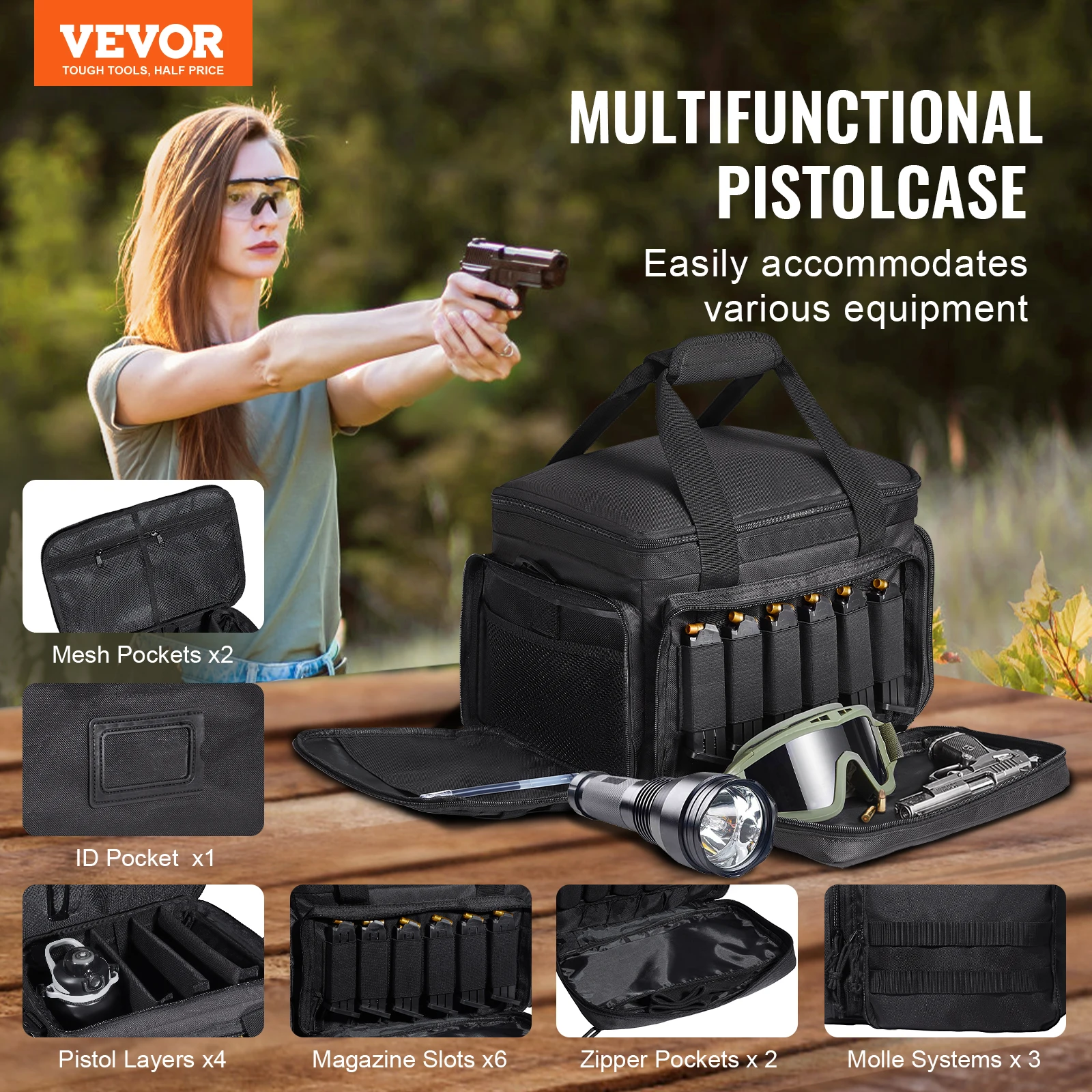 Range Bag for Pistols Tactical Gun Range Bag with 3 Detachable Baffles& 6 Magazines Shooting Handgun for Hunting duffel bag
