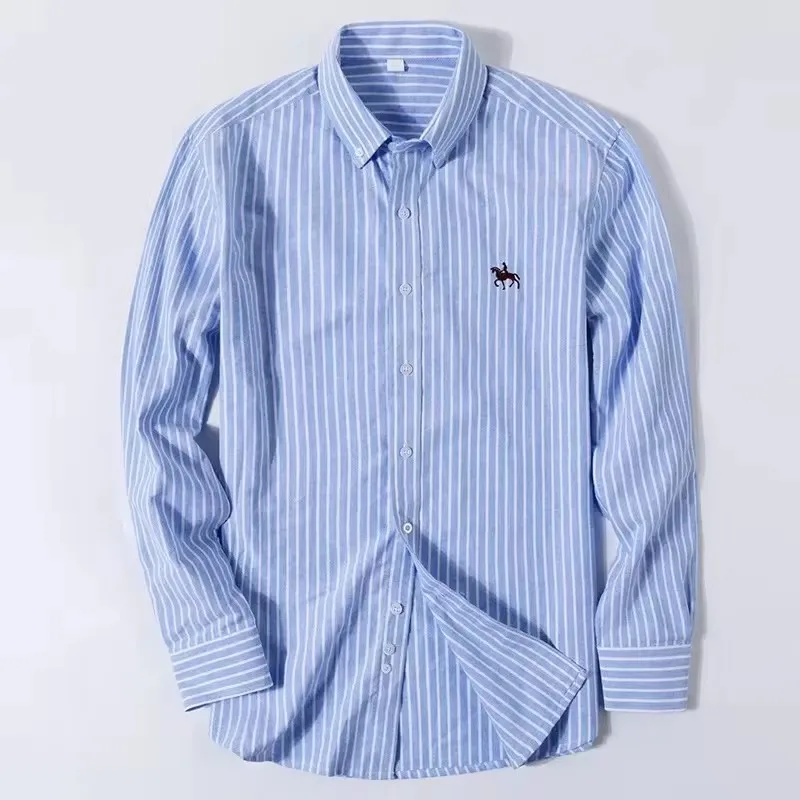 Basic Oxford Dress Shirt For Men Long Sleeve 100% Pure Cotton Solid Casual Plaid Striped Social Business Male Regular-Fit S-6XL 4