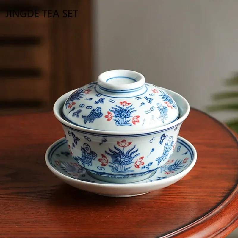 Jingdezhen Blue and White Porcelain Gaiwan Handmade Ceramic Teacup Travel Tea Bowl Chinese Teaware Drinkware Personal Cup 200ml