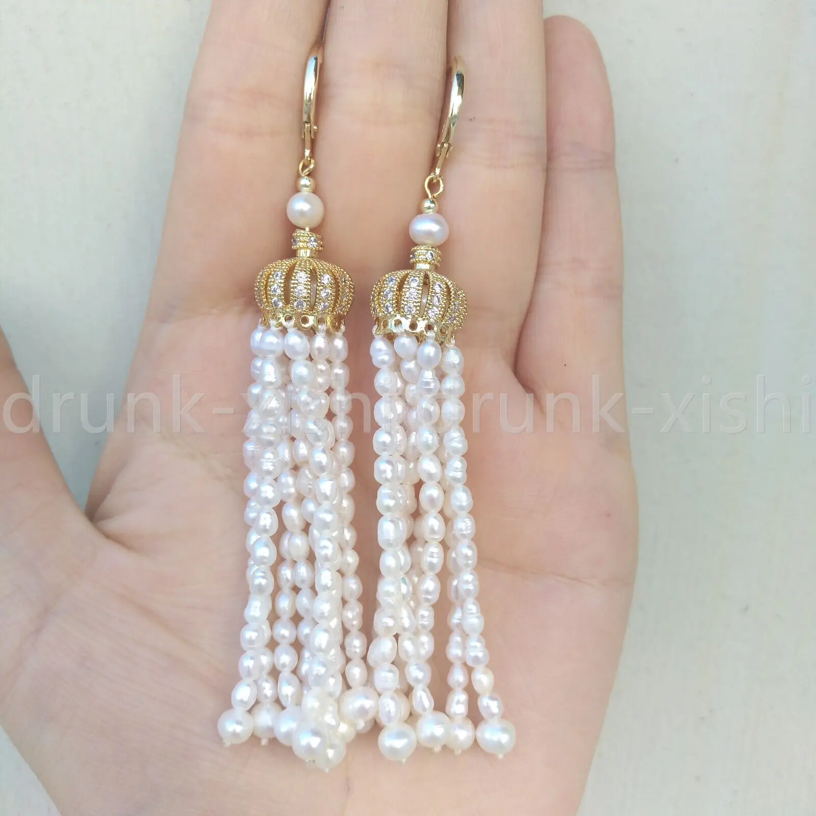 aaaa-natural-white-japanese-akoya-mini-real-pearl-tassel-crown-drop-dangle-leverback-earrings-filled-14k-gold-free-shipping