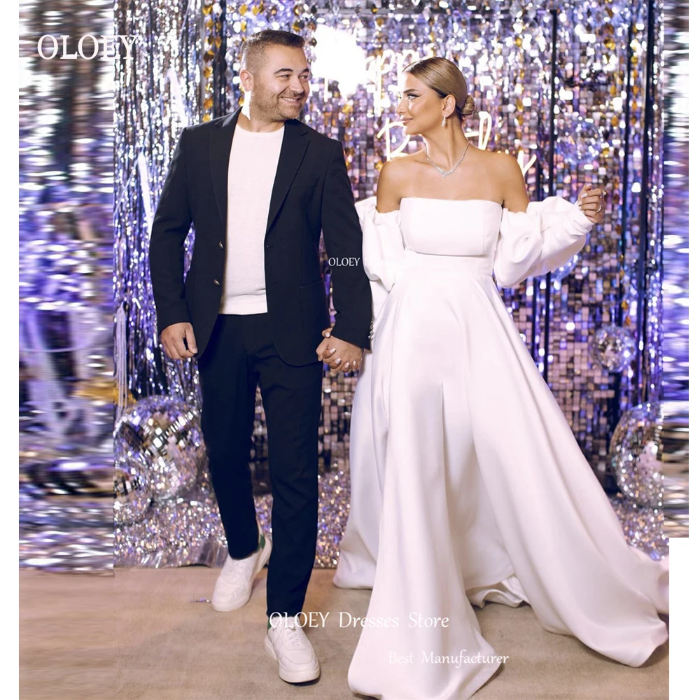

OLOEY 2023 Simple Dubai Arabic Women A Line Satin Wedding Dresses Soft Satin Strapless Detachable Puff Long Sleeves Bridal Gowns