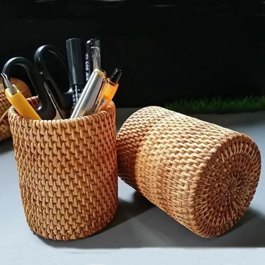 Weaving Pen Holder, Stationery And Makeup Pen Holder Paired With Desktop Tea Ceremony Storage Tube Rattan Weaving Pen Holder