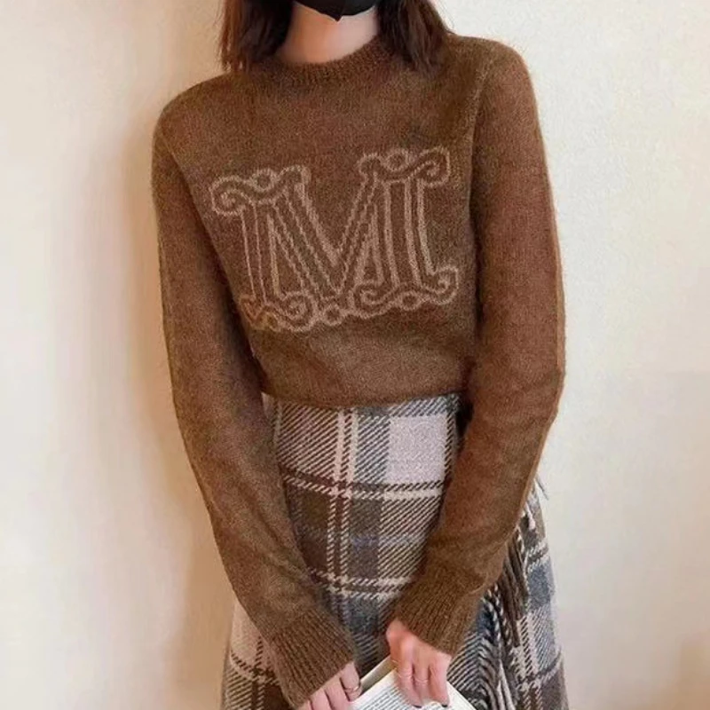 

2023 Early Spring New Mohair Blended Letters Round Neck Women Transparent Knitted Pullover