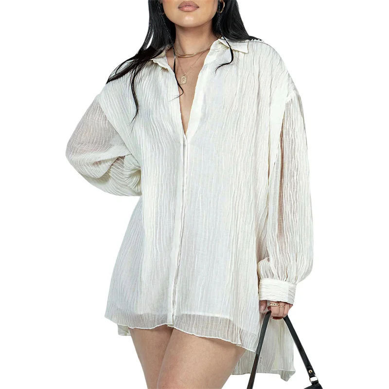 

Women Button Down Shirts Blouse Solid Color Long Sleeve Fall Spring Lapel V Neck Pleated Loose Tops Fashion Streetwear