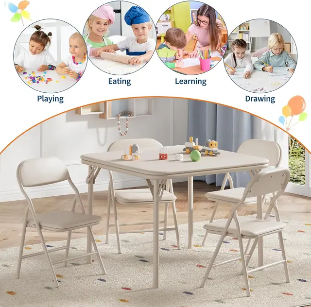 Garvee Kids Table and 2 Chairs Foldable Set, Space-Saving Children's Desk with Chairs for Playing, Drawing & Homework, for Kids Ages 3 and Up, White