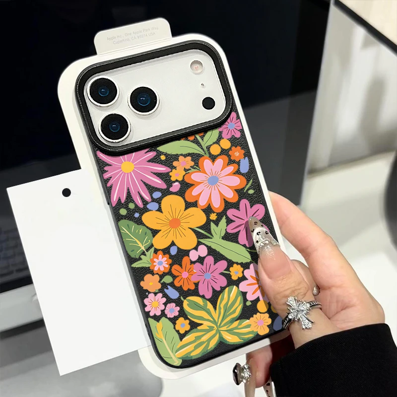 Vibrant Cartoon Flowers Shockproof Leather Texture Silicone Phone Case