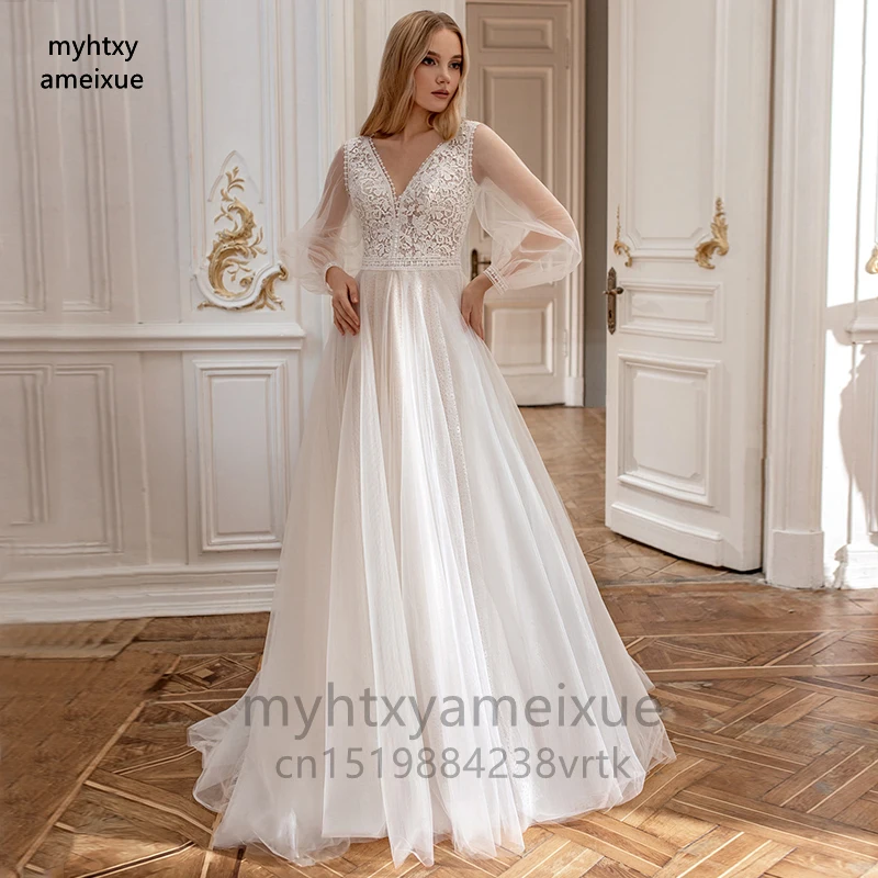 

Elegant Long Sleeve V-neck Sexy Wedding Dresses 2022 Lace Appliques Tulle Button Back Bridal Gown Floor Length Plus Size