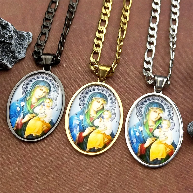 Virgin Mary & Baby Jesus Glass Pendant Necklace 5