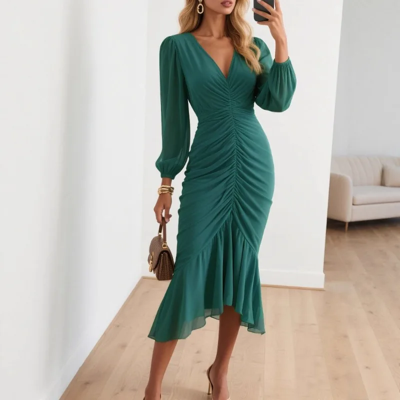 Damen Smaragdgrünes Gerafftes Partykleid in Midi-Länge V-Ausschnitt Chiffon Rüschensaum Bodycon-Kleid Elegantes Abend-Cocktailkleid