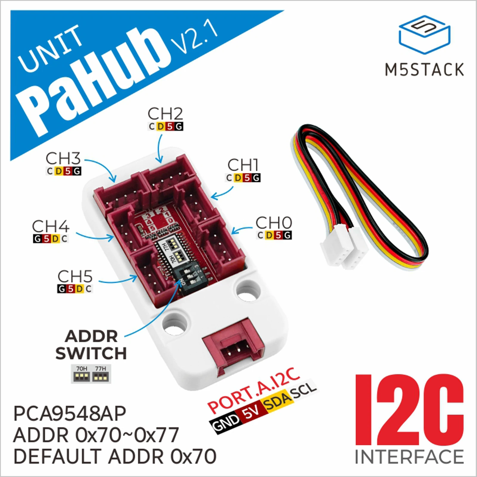 M5Stack Official I2C Hub 1 to 6 Expansion Unit V2.1 with DIP Switch(PCA9548A)
