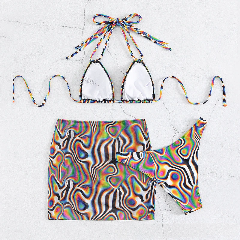 New Colorful Striped European and American Bikini Swimsuit Women's Sexy Bikini Three piece Set with Strap Swimsuit