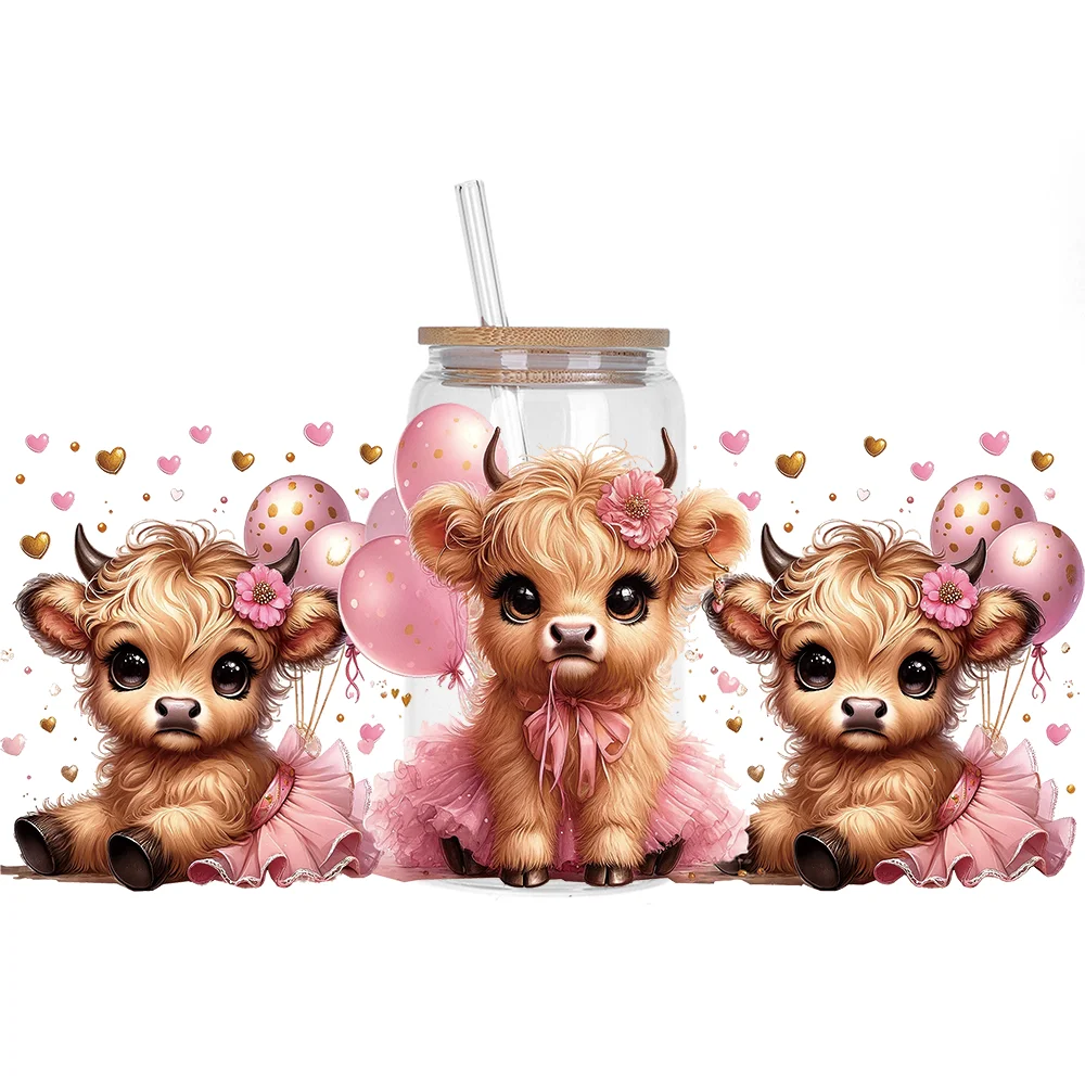 Highland cattle series Easy peel waterproof DIY Decals 3D transfers uvdtf crystal stickers 16oz uv dtf cup wraps for Glasses