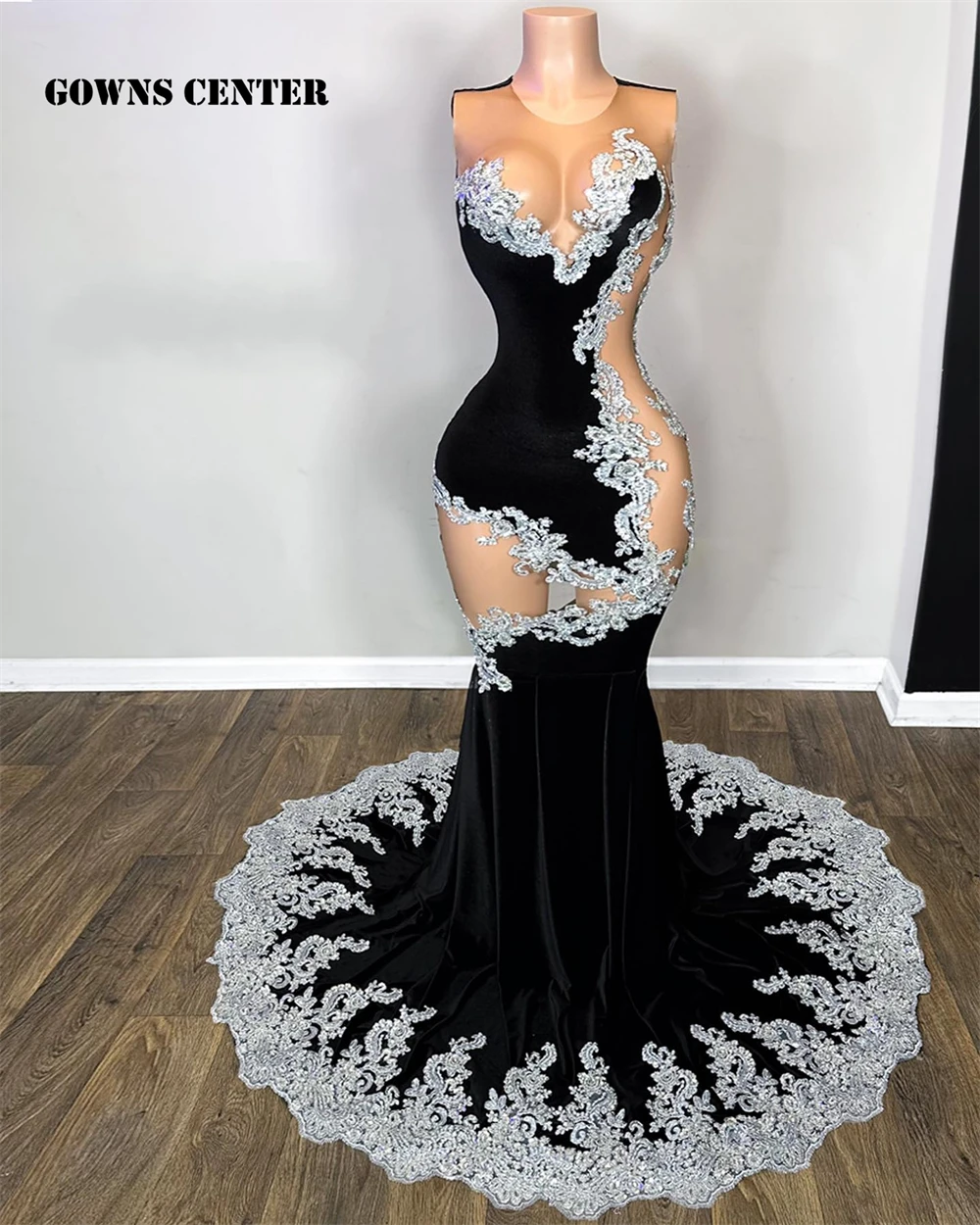 Silver Lace Appliques Black Velvet Mermaid Prom Dresses 2023 Luxury
