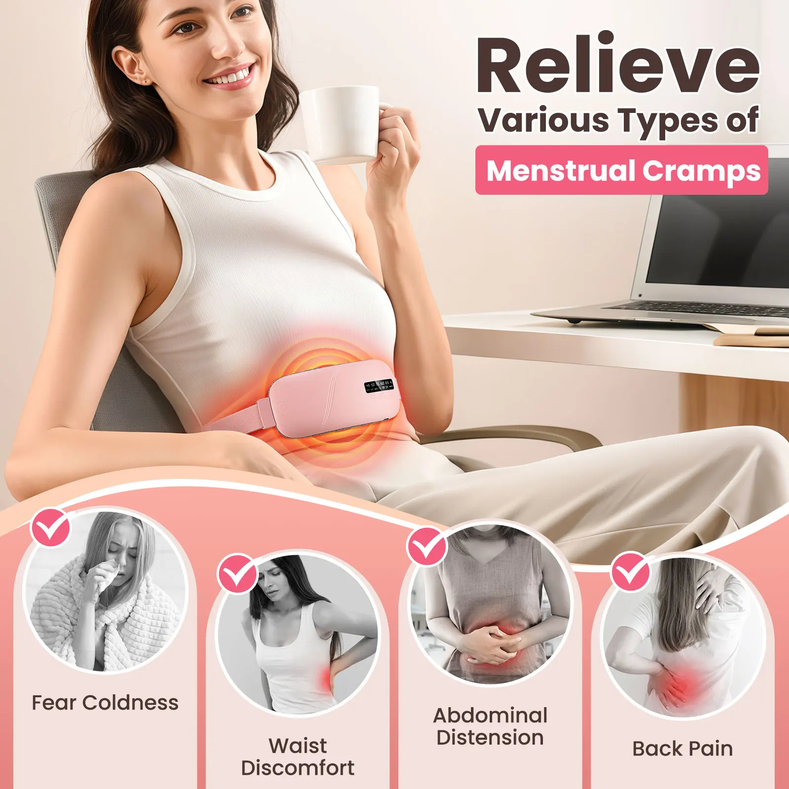 Women Menstrual Heating Pad Effective Hot Compress Period Relief Uterus Warmer Belt Vibration Heated Abdominal Waist Massager