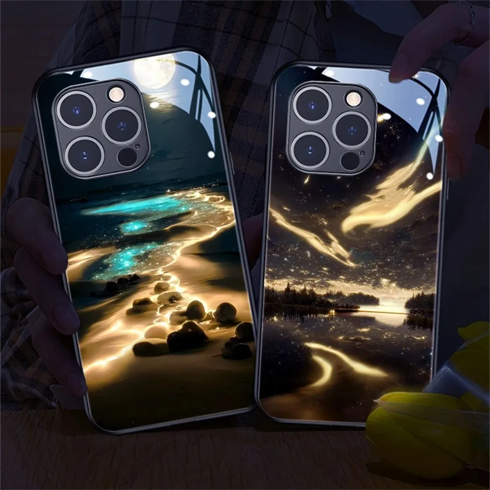 2024 Pretty Galaxy Beach Smart LED Light Glow Tempered Glass Phone Case For iPhone 15 14 13 12 11 Pro Max X XR XS SE2020 6 7 8