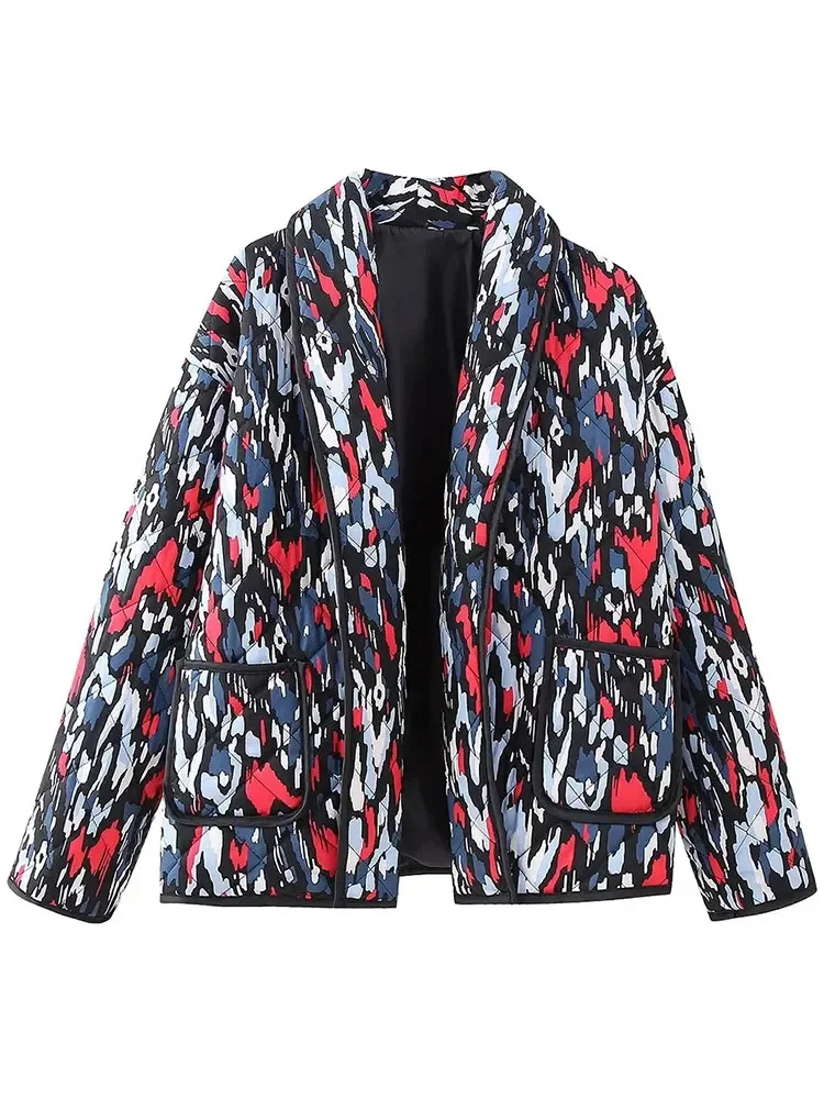 

HH TRAF 2023 Women Winter Jackets Fashion New Lapel Quilting Asymmetric Print Chic Coat Woman With Pockets Vintage Mujer Coats