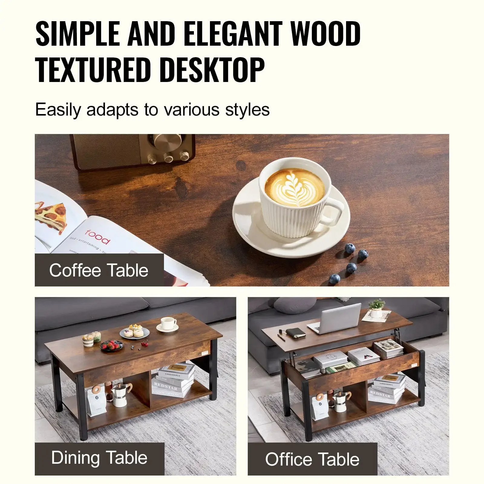 Lift Top Coffee Table 41.7" Rectangle Coffee Table for Living Room Brown 6