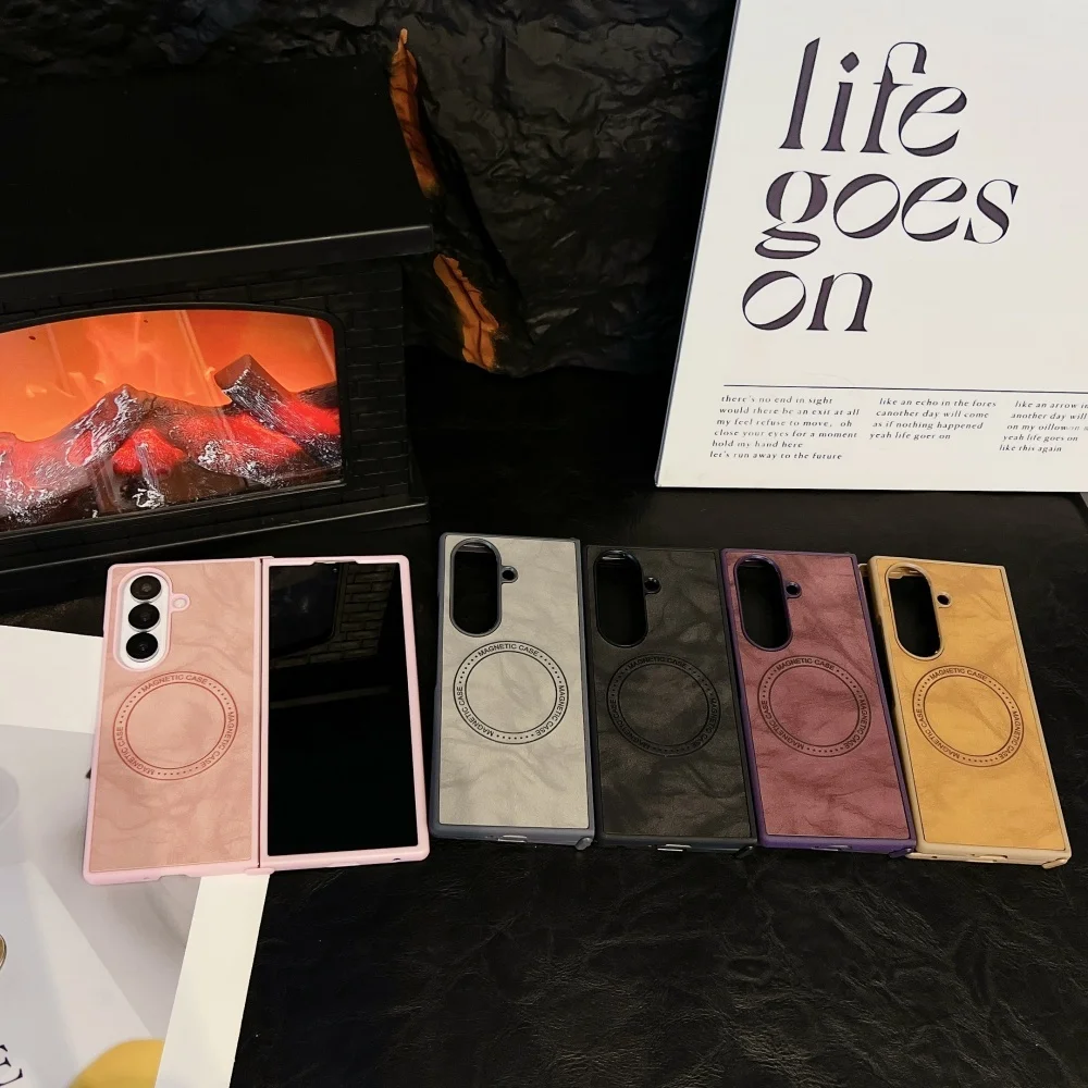 Magnetic Wireless Charging Leather Patterned Phone Case with Silicone Soft Bumper Cover