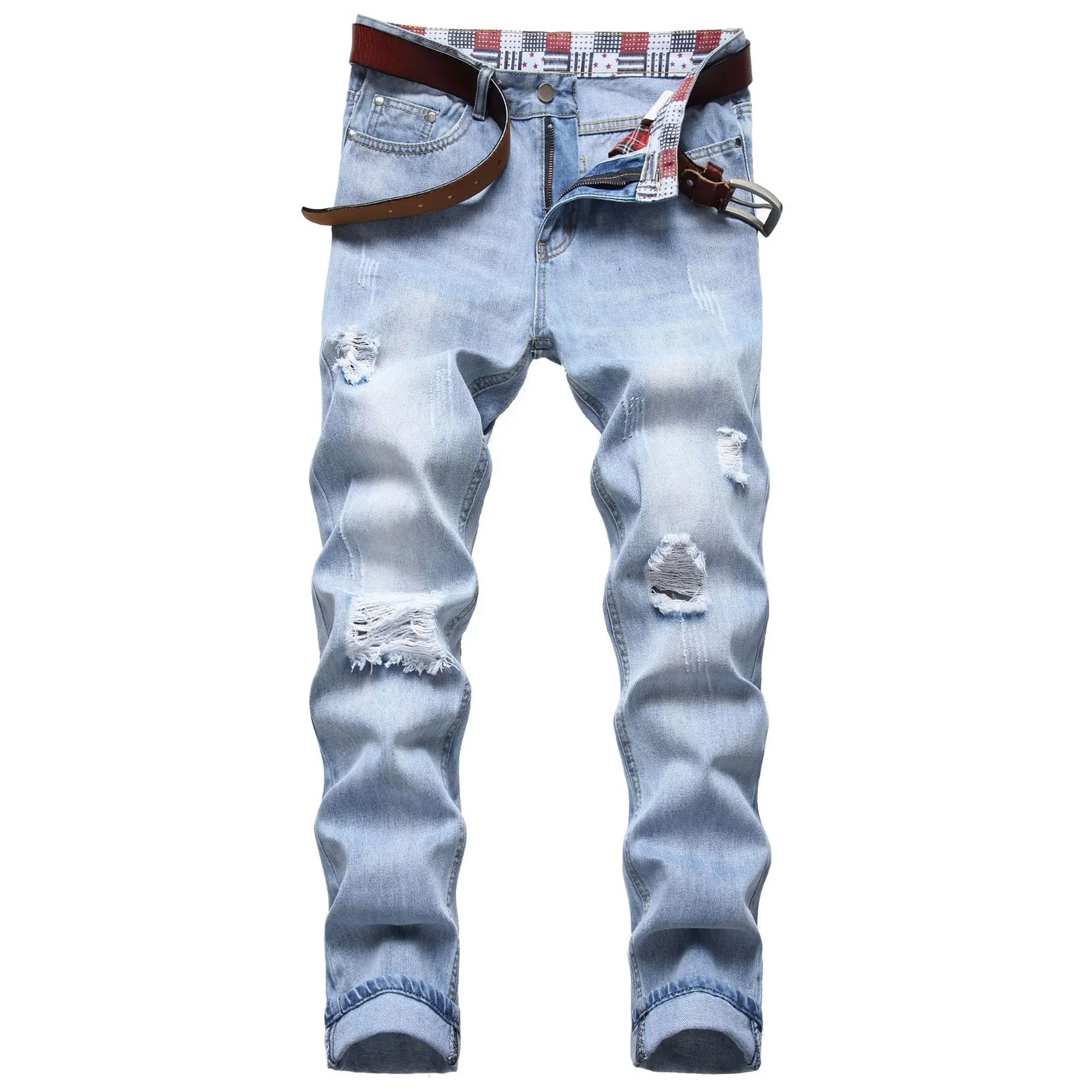 Europe and the United States new ripped jeans light youth straight leg mid-waist men's trousers