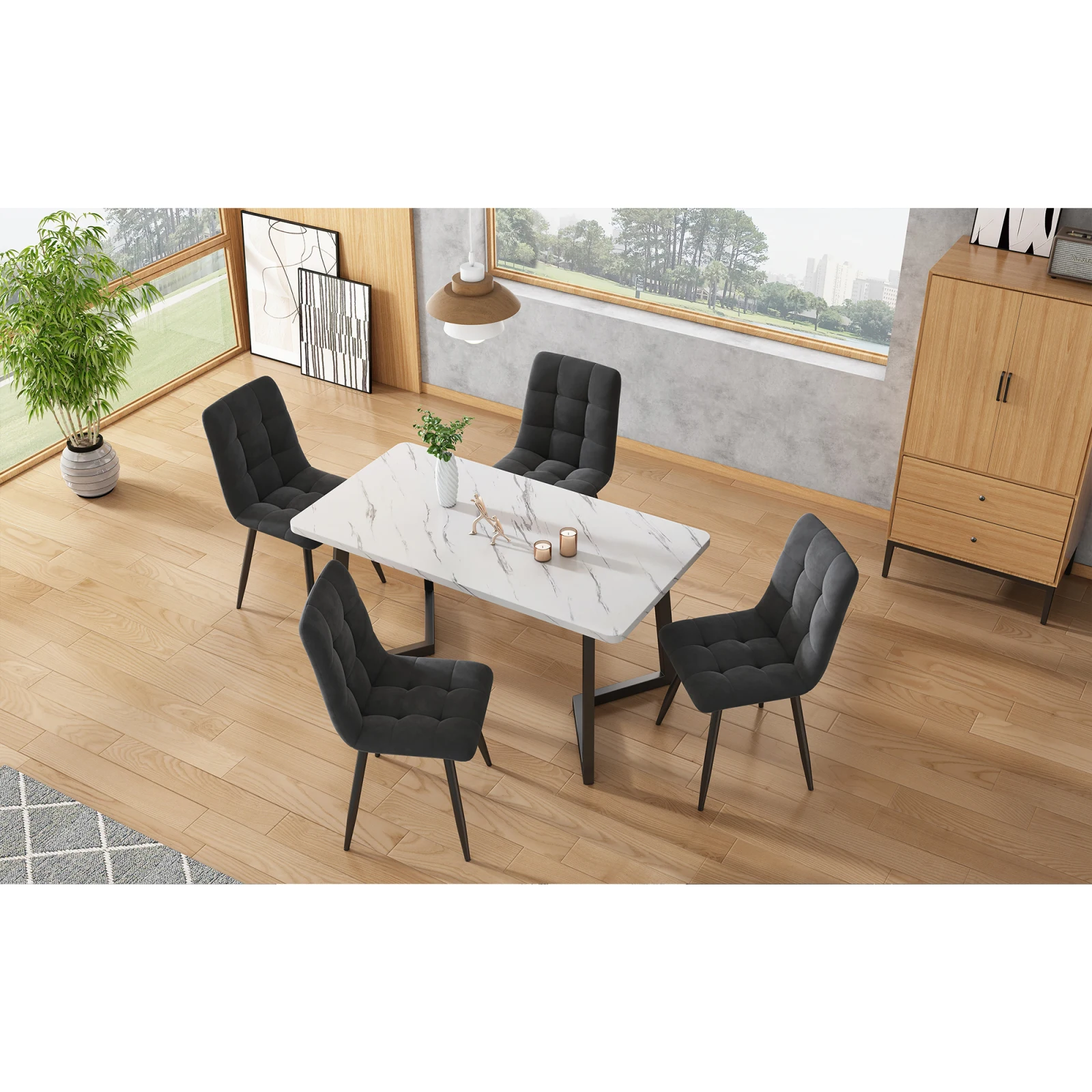 Comanlai Essgruppe mit 4 Stühlen, Küchentisch-Set, Gepolsterte Stühle, Stühle mit Rückenlehne, Samtsitz, Metallgestell – Detail 4